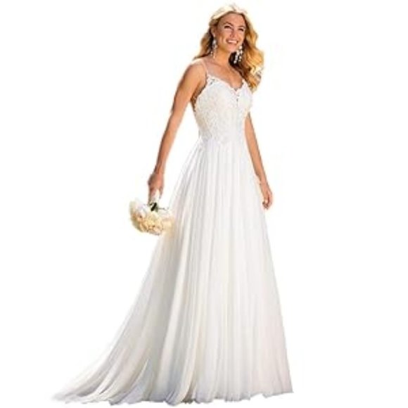 Lace Wedding Dress, Beach Vintage A Line Backless Boho Lace Summer Off-White - Picture 1 of 5